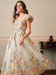 Anewsta 优雅花卉刺绣连衣裙，浪漫长裙，夏季新年装 - 白色 - 查看 6