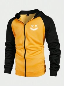 Manfinity Homme 男士撞色卡通脸图案插肩袖连帽运动衫，秋冬季休闲款 - 黃色 - 查看 1