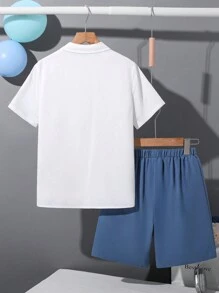 SHEIN 2pcs/Set Tween Boy Casual Collegiate Comfortable & Stylish Simple & Practical Soft Turndown Collar Striped Short Sleeve Shirt And Elastic Waist Shorts Set, Suitable For Autumn, Spring, Summer, Suitable For Daily Wear, Outdoor Play, School, Street Photography, Party, And Leisure At Home - Multicolor - View 3