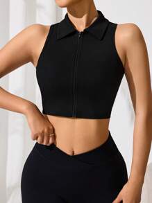 Easithlete Women Plain Zipper Placket Cropped Sports Polo Shirt - Black - View 4