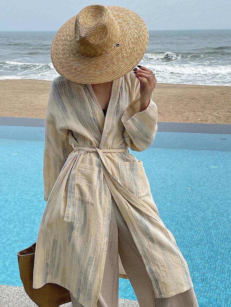 DAZY Cubrecostado de mujer de ajuste holgado de un solo color de manga larga para playa con nudo, estampado floral casual de vacaciones, primavera/verano - Albaricoque - Ver 1