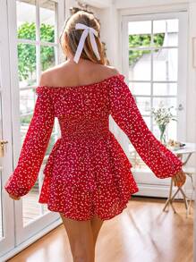 SHEIN VCAY 情人节派对氛围连衣裙，夏季度假约会装，荷叶边露肩灯笼长袖爱心印花女士连体裤，沙滩派对女士连体裤，音乐节街头派对女士连体裤 - 紅白色 - 查看 2