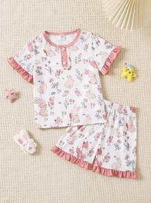 Young Girl' Cute Fox & Rabbit Floral Print Short Sleeve T-Shirt & Shorts 2pcs Loungewear Set - Multicolor - View 1
