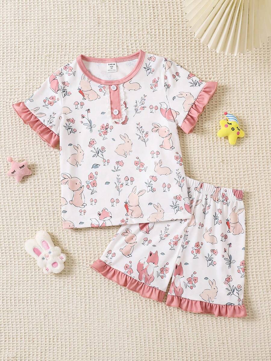Young Girl' Cute Fox & Rabbit Floral Print Short Sleeve T-Shirt & Shorts 2pcs Loungewear Set - Multicolor - View 1