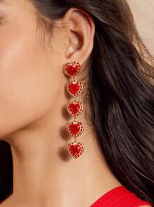 SHEIN BAE Aretes con forma de corazón rojo, flecos y rhinestones de estilo lujoso y de moda