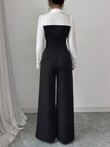 Elenzga 2 件女式黑白条纹衬衫领上衣和阔腿裤套装 - 黑與白 - 查看 3