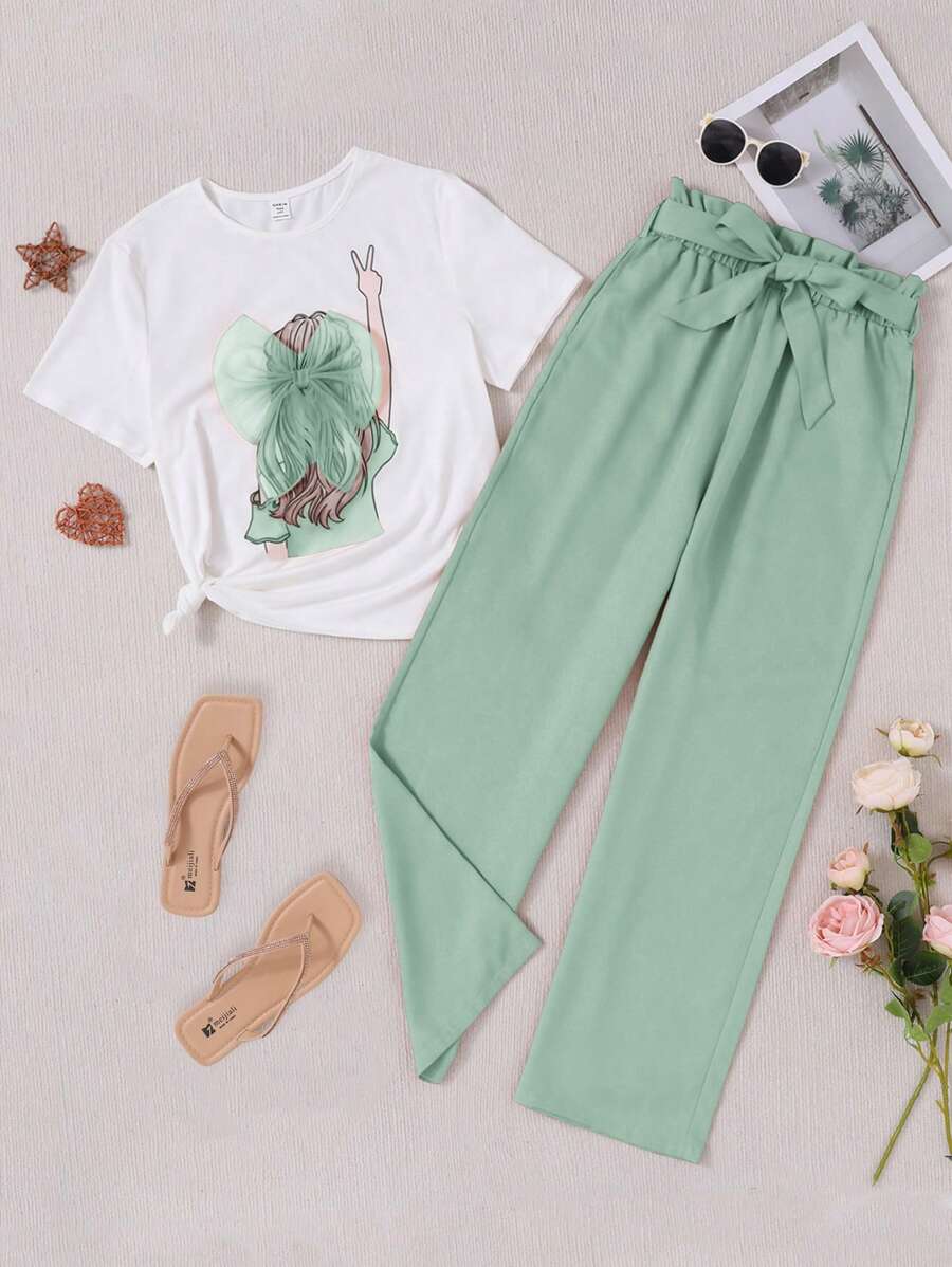 SHEIN 2 件套少女网眼面料蝴蝶结后背印花 T 恤和荷叶边腰带裤套装