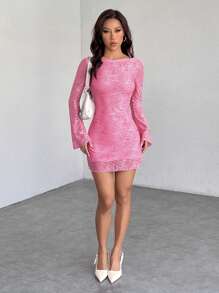 SHEIN PETITE Sexy Pink Jacquard Mesh Backless Long Sleeve Party Dress For Women