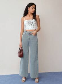 MOTF STUDIO RHINESTONE TRIM WIDE LEG JEANS - Blue - View 6