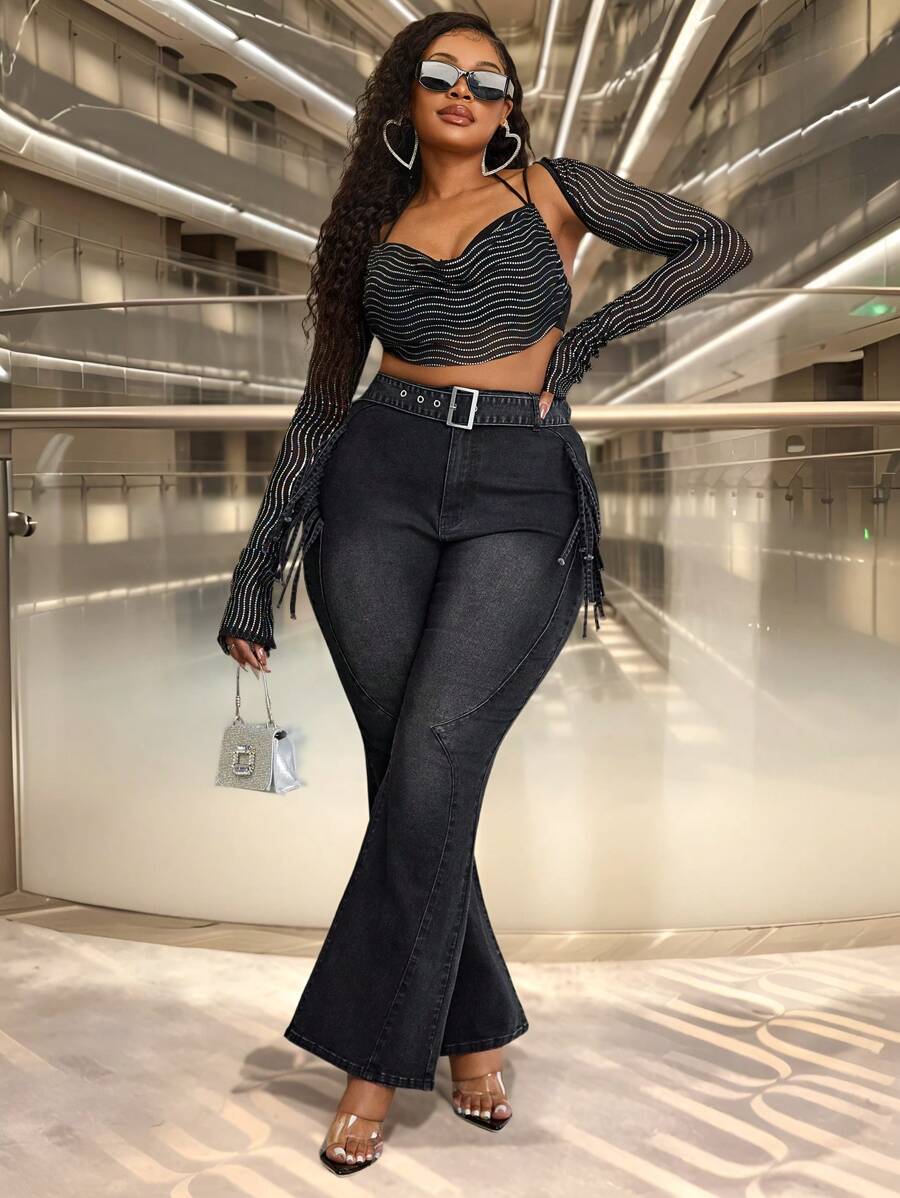 Slaydiva Plus Size Denim High Stretch Fringe Trim Flared Pants - Black - View 1