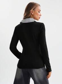 SHEIN LUNE 2024 Early Autumn New Knitted Patchwork 2 In 1 Women Top T-Shirt - Multicolor - View 2