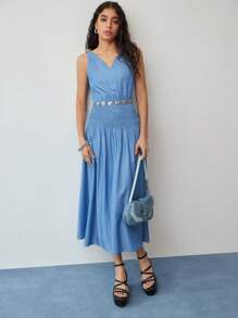 MOTF STUDIO 褶饰腰部无袖连衣裙 - 藍色 - 查看 3