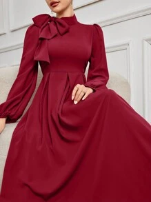 Modelyn Tie Shoulder Long Sleeve Dress For Women Maxi Women Outfit - Burgundy - View 5