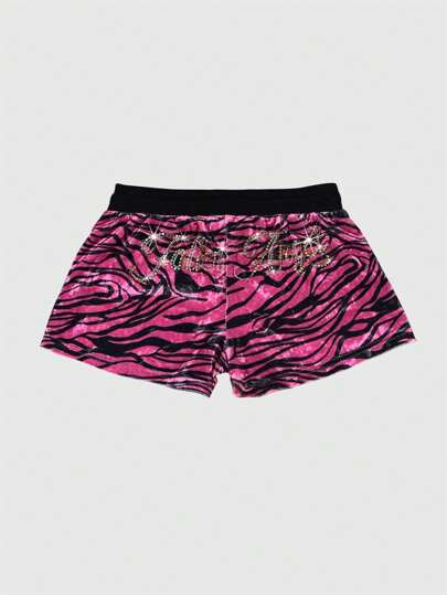 J-Fashion Y2K Style Velvet Low-Waist Leopard Print Rhinestone English Text Women Shorts, Autumn/Winter, For Carnival