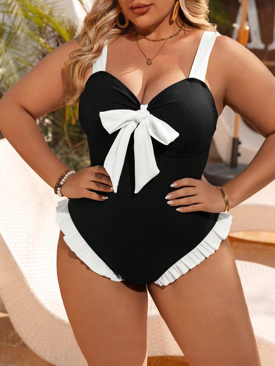 Swim Lushoire Plus Size One-Piece Swimsuit, Simple Fashion Daily Casual For Summer Beach Vacation - Black and White - View 1
