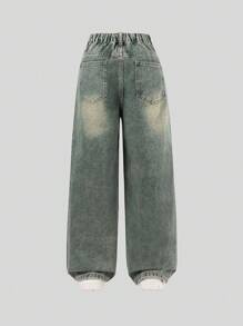 Tween Boys Heavy Washed Retro Fashionable Denim Jeans - Medium Wash - View 2