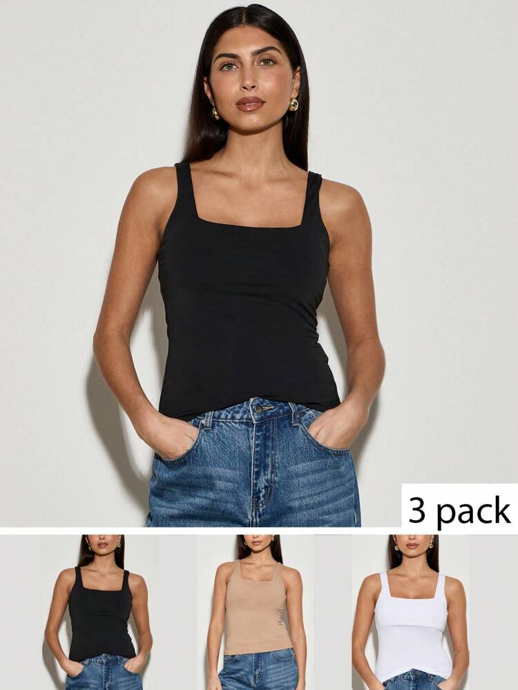 Basic Square Neck Ribbed Tank Top Cami 3-Pack