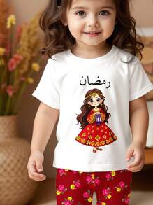 SHEIN 可爱斋月月亮和花朵印花女婴休闲简约短袖圆领 T 恤 + 喇叭裤套装，适合春夏季 - 彩色 - 查看 3