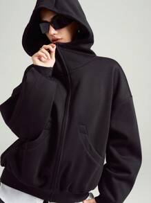 LYSMO Casual Solid Color Thermal Lined Hoodie, Autumn/Winter - Black - View 4