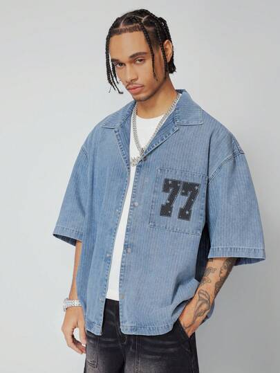 Prep Camicia di jeans da uomo con stampa digitale, maniche corte e taschino, abbottonatura frontale