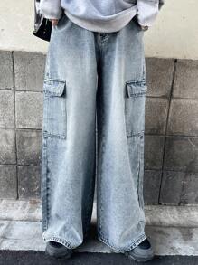 FRIFUL 女式休闲宽松大口袋牛仔裤 - 藍色 - 查看 6