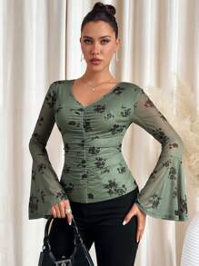 SHEIN Clasi Women's V-Neck Flare Sleeve Mesh Slim Fit Blouse, Ideal For Easter, Valentine's Day Outfits Festival