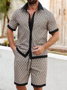 ResortEase 大码男士几何印花短袖衬衫和短裤套装