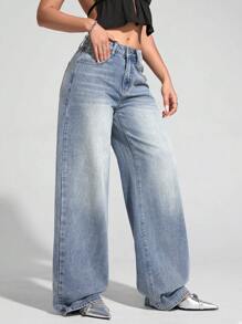 SHEIN EZwear Women's Casual Washed Wide Leg Jeans
