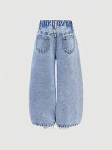SHEIN Pantalon large et lâche en jean bleu avec motif de cœur et visage souriant pour jeune fille Y2K, pantalon décontracté de printemps et d'été pour filles, tenue de vacances