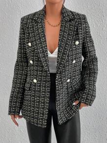 SHEIN Privé Plaid Print Double Breasted Blazer Workwear  - Black - View 4