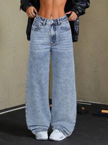 SHEIN Tall 女式前扣口袋简约阔腿休闲牛仔裤