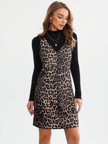 SHEIN LUNE 秋冬新款豹纹吊带休闲街头机场风女士短裙豹纹连衣裙豹纹连衣裙套头连衣裙工装裤 - 棕色 - 查看 5
