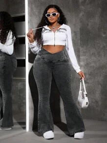 SHEIN EZwear 大码弹力牛仔喇叭牛仔裤，休闲高腰蓝色