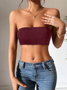 SHEIN PETITE Women's Solid Color Cropped Fitted Tube Top - Burgundy - View 3