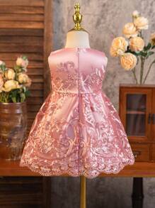 Glamorique Kids 女孩刺绣薄纱蝴蝶结无袖连衣裙，适合节日、户外、派对、聚会、夏季