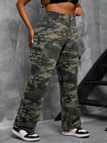 SHEIN SXY Plus Size Stretch Denim Camouflage Print Cargo Straight Leg Pants - Multicolor - View 7