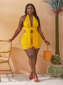 Slaydiva Bộ 2 chiếc/Bộ đồ liền thân hở lưng hở lưng cỡ lớn cho nữ và quần short bó sát, thích hợp cho kỳ nghỉ - Màu vàng - Xem 1