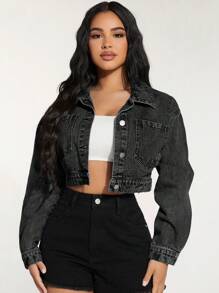 SHEIN PETITE Women's Front Button Long Sleeve Pocket Casual Denim Jacket