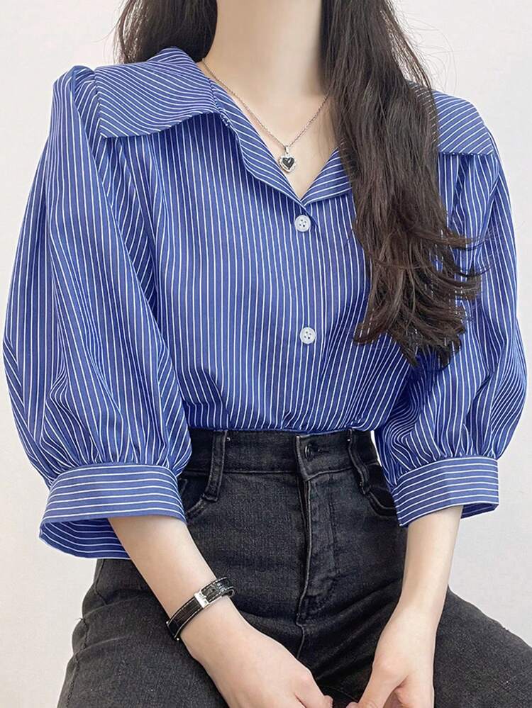 Women's Turndown Collar Striped Half Sleeve Lantern Sleeve Loose Blouse, Spring/Summer/Autumn