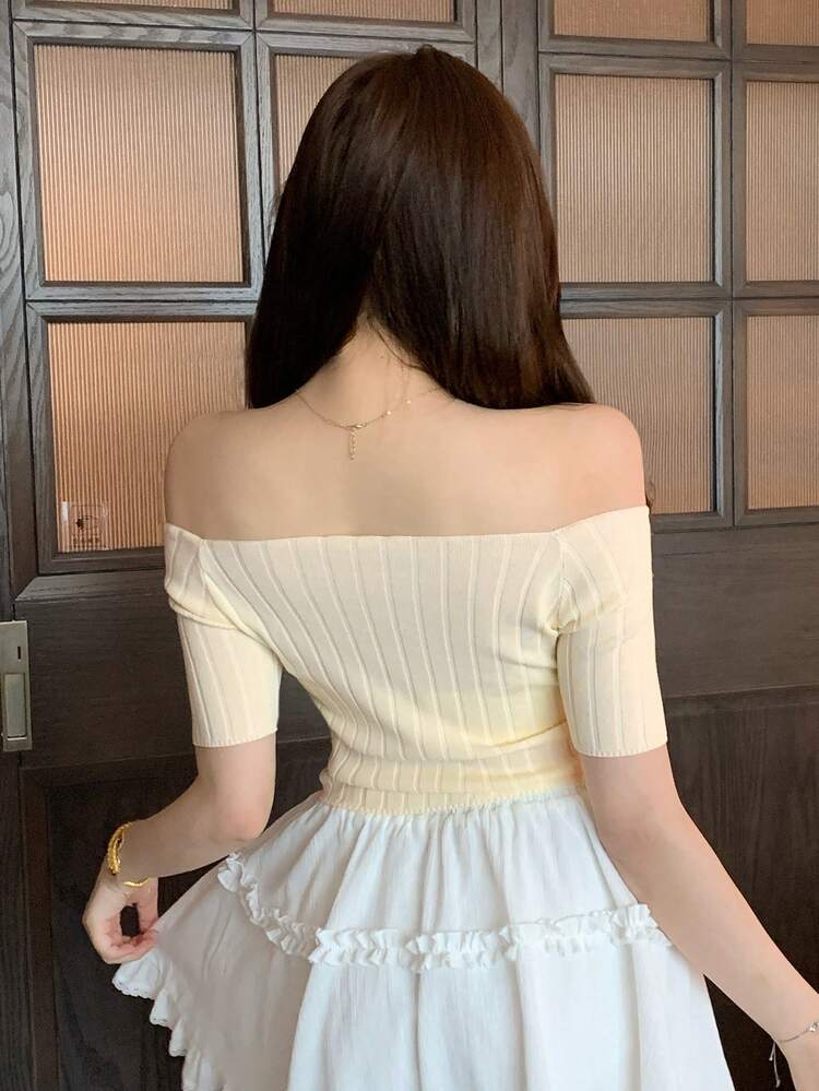 Women Off Shoulder Fitted Cropped Knitted Sweater Top, White, Spring/Summer