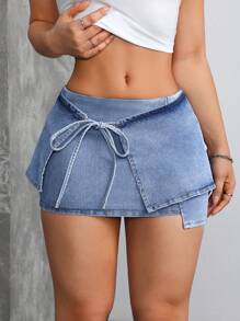 SHEIN EZwear Women Casual Denim A-Line Skirt, Simple Fashion Daily Wear - Blue - View 5