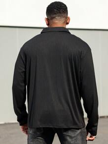 Manfinity Homme 加大码男士休闲纯色长袖Polo衫，秋季款 - 黑色 - 查看 2