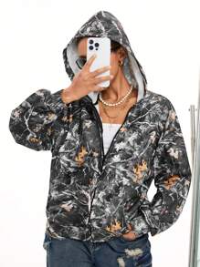 SHEIN EZwear Women's Fall/Winter Couple Same Style/Couple Same Style/Basic/Going Out Knit Camo Thermal Lined Keep Warm Zip Up Green Baggy Long Sleeve Sweatshirt - Grey - View 1