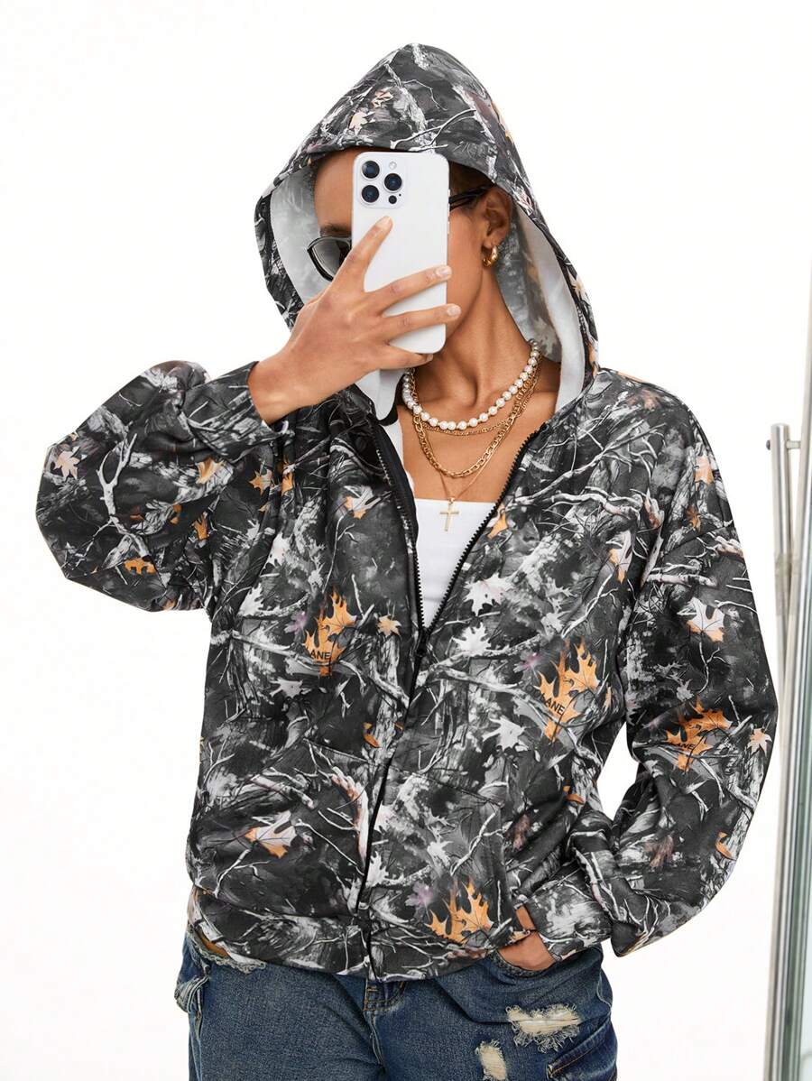 SHEIN EZwear Women's Fall/Winter Couple Same Style/Couple Same Style/Basic/Going Out Knit Camo Thermal Lined Keep Warm Zip Up Green Baggy Long Sleeve Sweatshirt - Grey - View 1