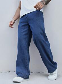 Manfinity Homme Pantalones vaqueros de bolsillo sencillos para hombre, uso diario casual - Azul lavado medio - Ver 1