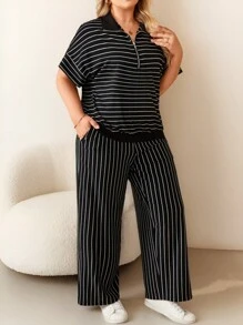 SHEIN LUNE 2pcs/Set Women Black & White Striped Zipper Collar Casual Sports Short Sleeve Top And Pants Set, Plus Size For Spring And Summer