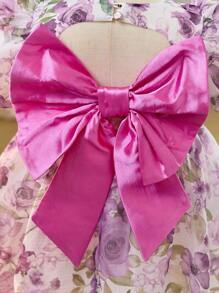 SHEIN Young Girl Chiffon Ditsy Floral V-Neck Puff Sleeve Hollow Out Bow Back Decor Party Dress
