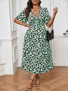 SHEIN Frenchy Plus Size Fall Vintage Leopard Print Short Sleeve Kink Cinched Waist Dress