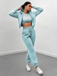 SHEIN LUNE Conjunto Feminino De Moletom Com Capuz E Zíper Frontal, Cropped, Colete E Calça - Azul bebê - Visão 7