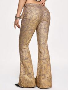 ROMWE J-Fashion Shibuya Girl Butterfly Pocket Metallic Coated Low Waist Skinny Flare Pants For Women - Gold - View 4